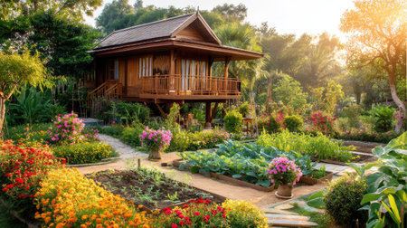 A charming wooden house nestled in a lush garden bursting with colorful flower beds and healthy vegetable patches, radiating tranquility and natural beauty.の素材