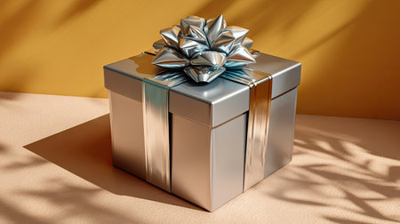 A beautifully wrapped silver gift box features a shiny bow, illuminated by warm golden light creating soft shadows, perfect for celebrations or special occasions.の素材