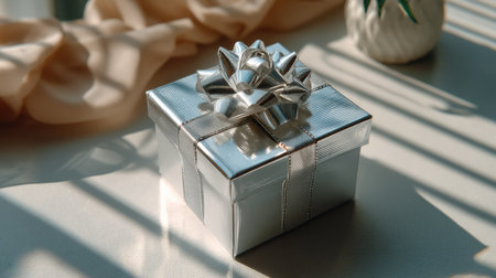 A beautifully wrapped silver gift box with an elegant bow sits on a table, enhanced by natural light and soft fabrics, creating a serene atmosphere perfect for celebrations.の素材