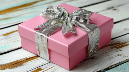 This elegant pink gift box adorned with a shiny silver ribbon is perfect for various celebrations and special occasions, adding charm to any event.の素材