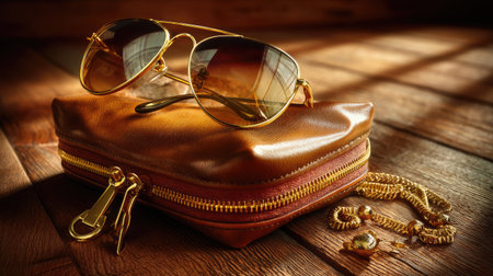 A pair of stylish sunglasses rests elegantly on a rich brown leather pouch, accompanied by exquisite jewelry on a wooden table, capturing a warm and inviting atmosphere.の素材