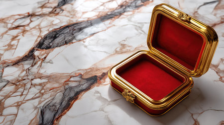 A sophisticated jewelry box featuring a luxurious red velvet interior and ornate gold trim, perfect for elegant displays and storage on a marble surface.の素材