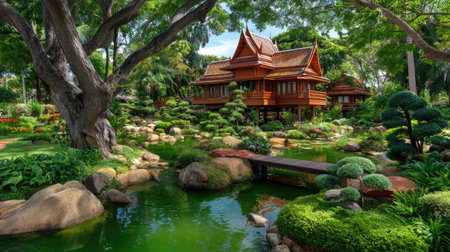 This captivating scene features a traditional Thai house nestled in a vibrant garden, complete with a serene pond and manicured landscapes, perfect for relaxation.の素材