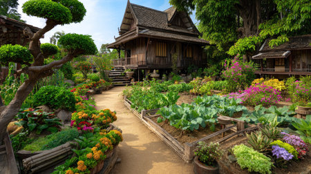 Explore a vibrant garden filled with flowers and greenery surrounding a charming wooden house, displaying a beautiful rural landscape under clear skies.の素材