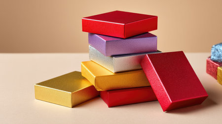 A vibrant collection of colorful gift boxes stacked neatly on a soft background, perfect for celebrations, birthdays, or special occasions, showcasing varied textures.の素材