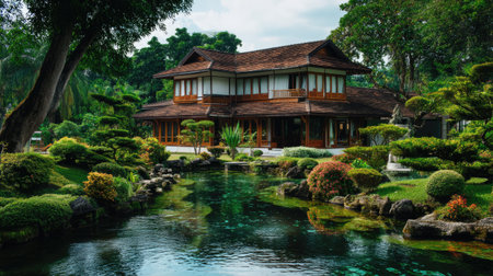 A tranquil house in an Asian garden features serene water elements and lush vegetation. This scene captures the essence of peaceful outdoor living and relaxation.の素材