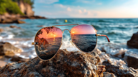 This image features stylish sunglasses resting on a rock, showcasing a stunning sunset reflection over a tranquil ocean, perfect for summer vibes.の素材