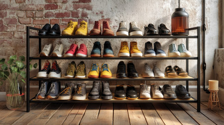 A stylish shoe rack filled with diverse footwear options, set against a vintage brick wall, perfect for modern urban living and enhancing home decor.の素材