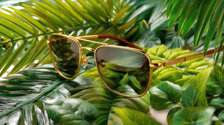 A stylish pair of sunglasses with gold frames and mirrored lenses rests amid a backdrop of vibrant green tropical leaves, embodying summer vibes and relaxation.の素材