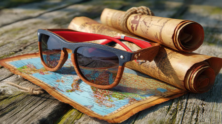 A pair of stylish sunglasses rests on an intricate vintage map, accompanied by two rolled maps, all set on a rustic wooden table, evoking adventurous spirit.の素材