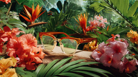 This captivating image showcases stylish orange sunglasses nestled among lush tropical foliage and vibrant flowers, creating a perfect blend of fashion and nature.の素材
