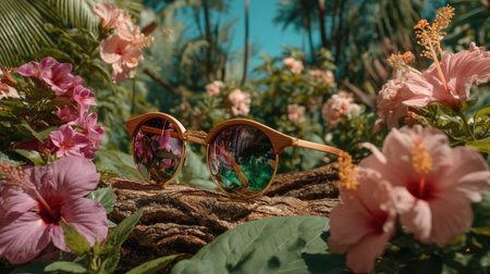 A pair of stylish sunglasses sits on a wooden branch, surrounded by vibrant tropical flowers under a bright blue sky, showcasing a rich natural scene.の素材