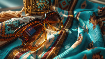 A pair of stylish sunglasses elegantly rests on a vibrant patterned fabric, capturing the essence of summer fashion and trendy lifestyle in a striking visual display.の素材