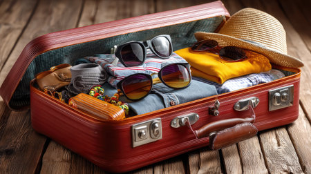 A vintage suitcase filled with stylish travel essentials including sunglasses, clothing, and accessories, perfect for a summer getaway or vacation.の素材