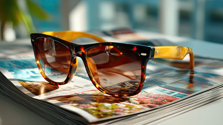 A pair of stylish tortoise sunglasses with yellow temples rests on a stack of colorful fashion magazines, highlighting modern design in a bright, inviting interior.の素材