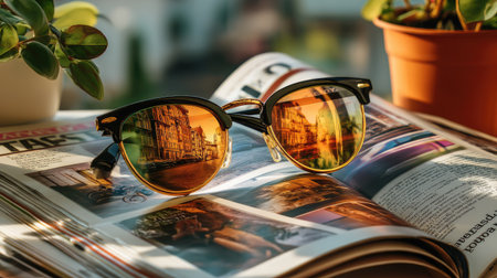 A pair of stylish sunglasses with orange reflective lenses sits elegantly on an open magazine, surrounded by lush green plants, capturing a bright and inviting atmosphere.の素材