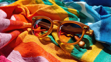 A pair of stylish vintage sunglasses rests on a vibrant striped beach towel, capturing the essence of summer fun and relaxation under bright sunlight.の素材