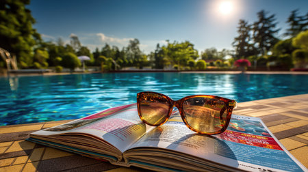 A serene summer scene featuring stylish sunglasses resting on an open book by a sparkling swimming pool, capturing the essence of relaxation and leisure.の素材