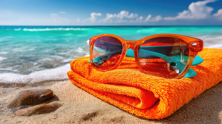A pair of vibrant sunglasses rests on a bright orange towel by the serene blue ocean. This image captures the essence of summer, relaxation, and coastal beauty.の素材