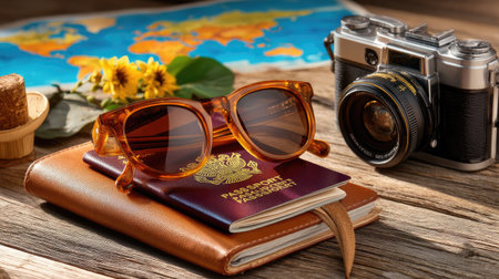 A captivating flat lay showcasing travel essentials on a wooden table, including stylish sunglasses, a vintage camera, a passport, and an inviting world map, perfect for travel enthusiasts.の素材