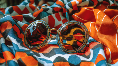 A pair of stylish round sunglasses rests elegantly on a colorful fabric featuring vibrant patterns and textures, perfect for summer fashion and aesthetic vibes.の素材