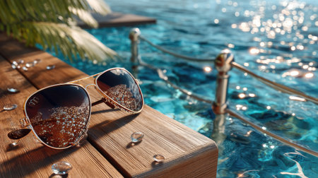 A pair of elegant sunglasses rests on a wooden deck beside shimmering blue water, capturing the essence of summer relaxation in a tropical paradise.の素材
