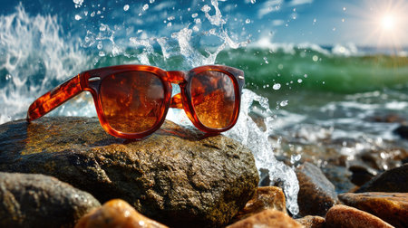 A pair of stylish sunglasses placed on rocks near a vibrant shoreline, with waves crashing and sunlight reflecting off the lenses in a lively, outdoor setting.の素材
