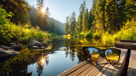 A tranquil nature scene featuring sunglasses resting on a wooden ledge by a calm river. Tall trees reflect in the water under golden sunlight.の素材