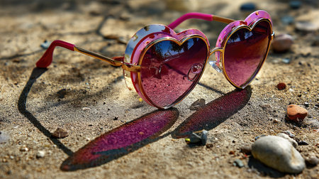 A pair of heart-shaped sunglasses lies on a sandy beach, casting colorful reflections on the surface. The vibrant design and bright colors evoke a playful summer atmosphere, perfect for fun outdoor adventures and stylish beach outings.の素材
