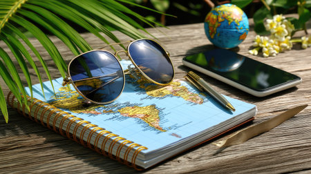 A vibrant summer setup featuring stylish sunglasses, a world map, a notebook, a pen, and a smartphone on a wooden table with tropical foliage.の素材