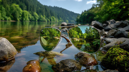 A pair of stylish sunglasses rests on smooth rocks by a serene river, reflecting vibrant greenery and trees under a bright blue sky, symbolizing summer relaxation and adventure.の素材