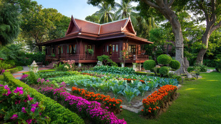 A stunning traditional wooden house nestled in a vibrant garden showcases colorful flowers and rows of fresh vegetables under bright sunlight, epitomizing serene outdoor living.の素材