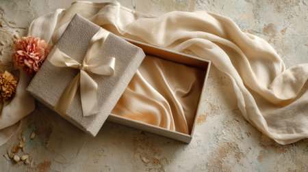 An elegantly styled gift box with a satin lining, an open lid displaying delicate fabric, beautifully accompanied by flowers on a rustic surface.の素材