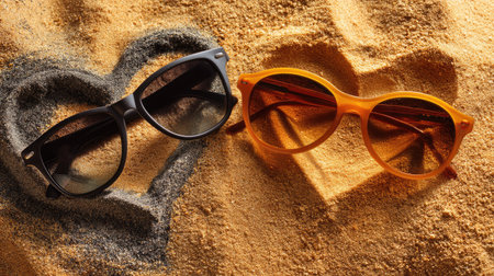 Two fashionable sunglasses sit on heart-shaped patterns in golden sand, evoking a playful summer vibe perfect for beach lovers and romantic getaways.の素材