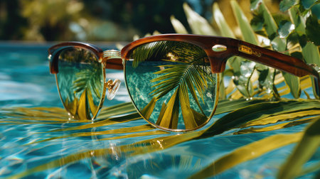 Bright, stylish sunglasses rest on vibrant palm leaves by the water, reflecting lush greenery and sunlight. A perfect summer fashion accessory for relaxation.の素材