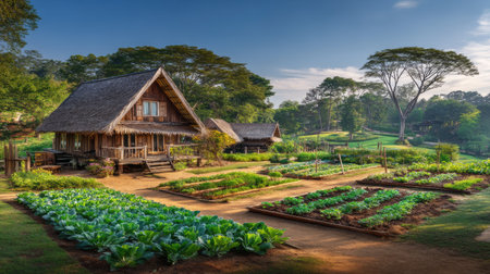 A picturesque view of a traditional wooden home nestled among vibrant vegetable gardens, surrounded by lush greenery and bathed in morning light.の素材