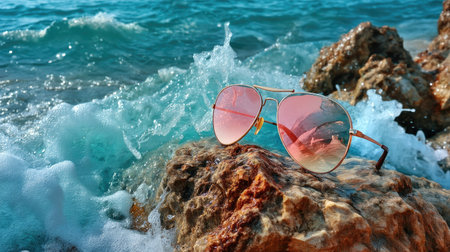 A pair of stylish sunglasses rests on a rocky surface, surrounded by vibrant ocean waves. The scene captures summer vibes at a tropical beach.の素材
