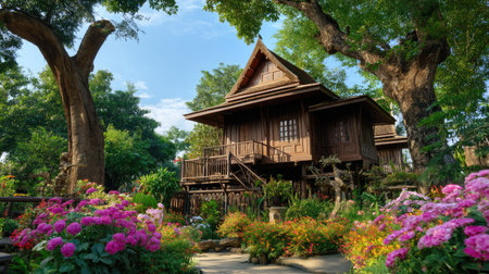 A captivating wooden house nestled in a vibrant garden filled with colorful flowers and lush trees. This serene outdoor scene invites tranquility and beauty.の素材