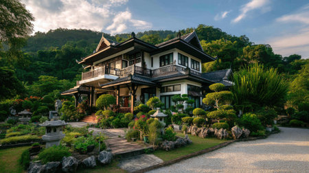This image features a stunning Asian-style house surrounded by a vibrant garden and majestic mountains, highlighting the perfect blend of nature and design.の素材