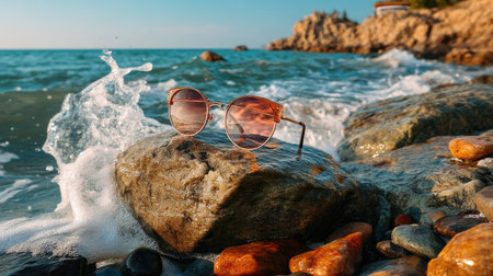 A pair of stylish round sunglasses rests on a wet rock beside gentle ocean waves at sunset. The scene captures the tranquil beauty of a coastal landscape perfect for summer vacations.の素材