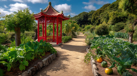 Discover a beautiful garden path leading to a traditional red pagoda, surrounded by lush greenery and vibrant vegetables. This serene setting is perfect for relaxation.の素材