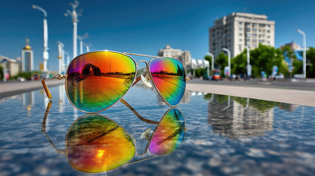 A pair of stylish sunglasses reflects a vibrant cityscape under a clear blue sky. Modern architecture and bright colors capture the essence of summer vibes.の素材