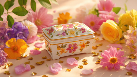 A beautifully crafted floral jewelry box showcased among a variety of vibrant flowers and petals, evoking a sense of elegance and tranquility in natural light.の素材