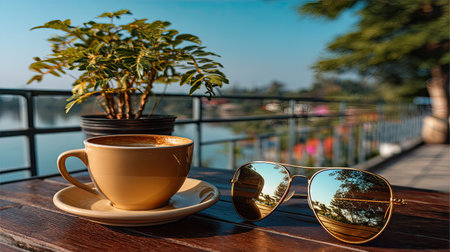 Enjoy a serene morning scene featuring a cup of coffee, stylish sunglasses, and lush greenery, perfectly capturing a tranquil outdoor atmosphere.の素材