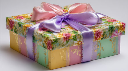 This vibrant gift box adorned with floral patterns and elegant ribbons is perfect for any occasion, creating an inviting and cheerful atmosphere.の素材