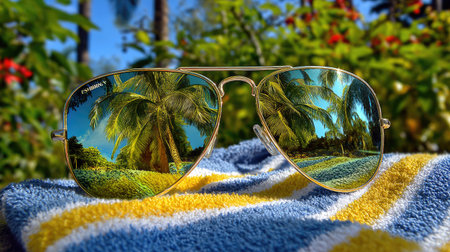 A stunning close-up of sunglasses reflecting lush palm trees and a tropical landscape, set against a vibrant beach towel. Perfect for summer vibes!の素材