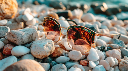 A pair of stylish sunglasses rests elegantly on a bed of smooth pebbles by the shoreline, reflecting warm sunlight and capturing a serene summer vibe.の素材