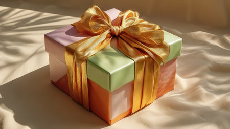 A beautifully wrapped gift box sits elegantly under warm light, adorned with a vibrant ribbon that enhances its festive appearance. Perfect for celebrations.の素材