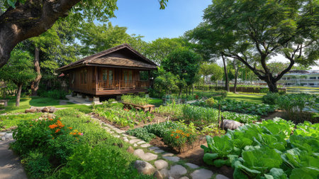 A delightful wooden cottage nestled in a thriving vegetable garden. Surrounded by lush greenery, this landscape offers a serene escape into nature.の素材