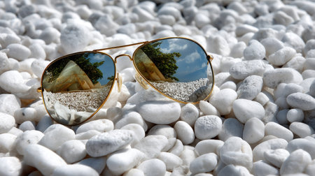 A pair of stylish sunglasses lies on smooth white pebbles, reflecting a beautiful landscape and blue sky. Perfect for summer vibes and fashion moments.の素材